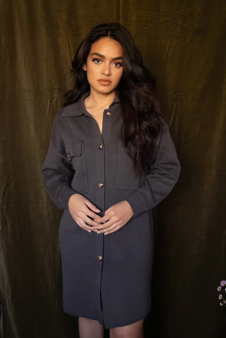 Ari Long Knit Shacket In Charcoal