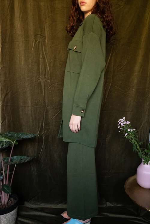 Ari Long Knit Shacket In Forest Green