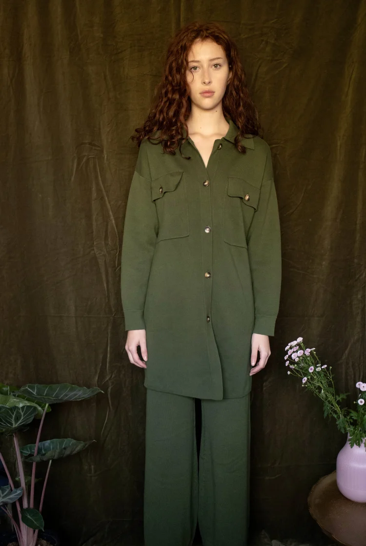 Ari Long Knit Shacket In Forest Green