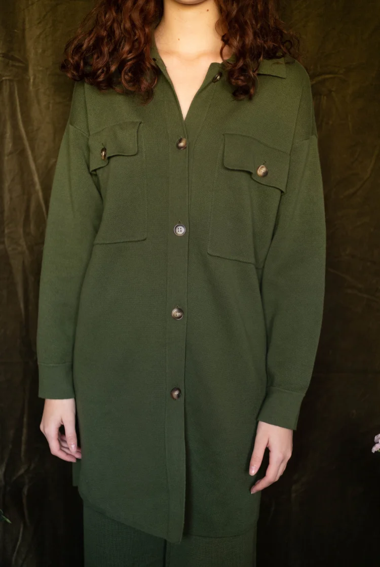 Ari Long Knit Shacket In Forest Green