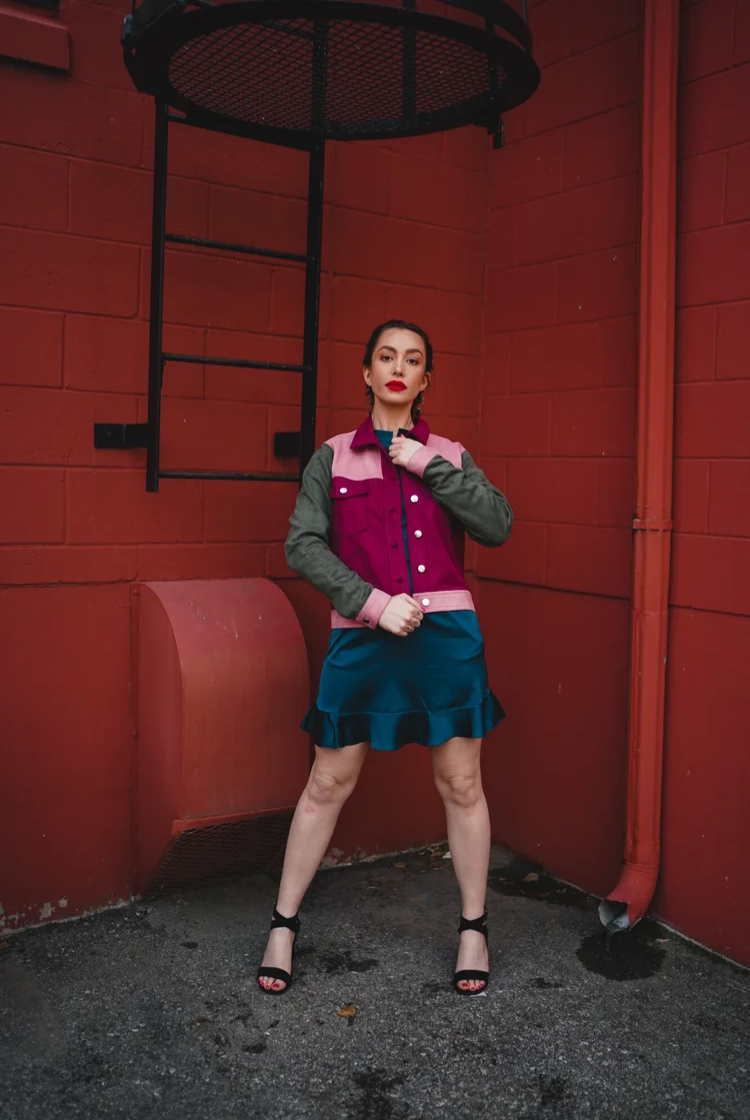 Saved By The Suede Fitted Moto Jacket In Red, Pink And Green