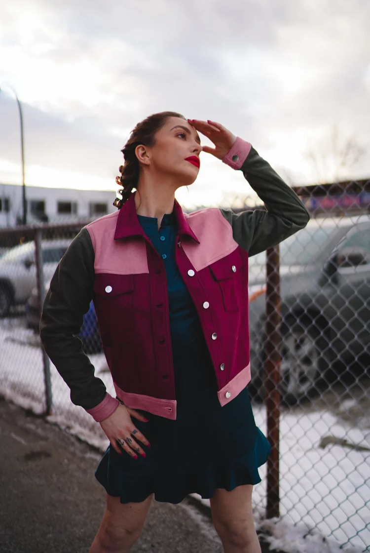 Saved By The Suede Fitted Moto Jacket In Red, Pink And Green
