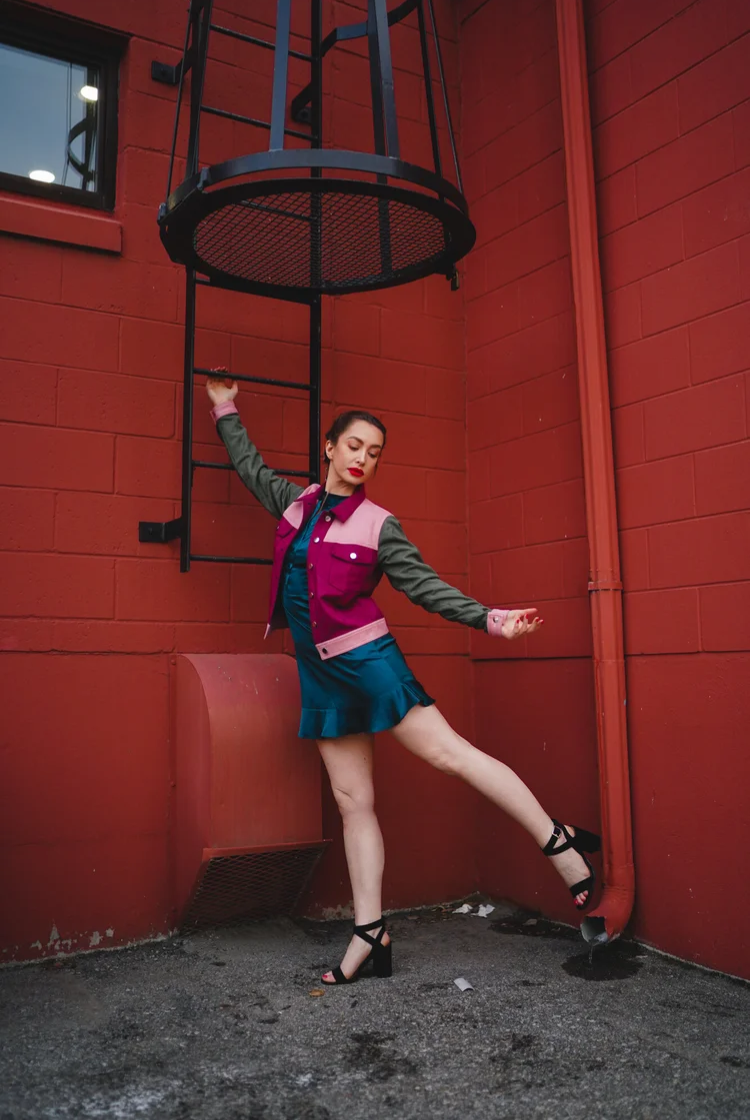 Saved By The Suede Fitted Moto Jacket In Red, Pink And Green