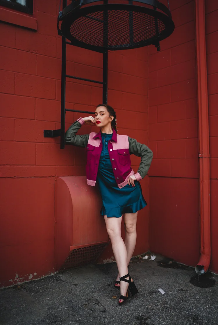 Saved By The Suede Fitted Moto Jacket In Red, Pink And Green