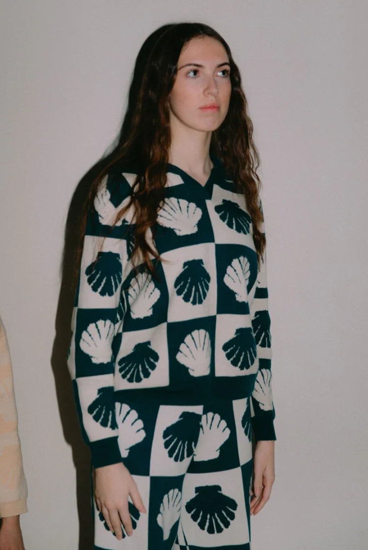 Long Sleeve Knit Polo In Blue Shell Print