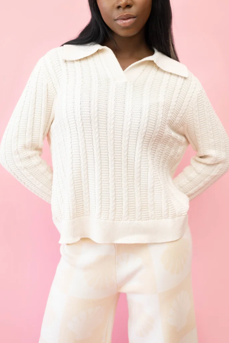 Cable Knit Long Sleeve Polo in Ivory White