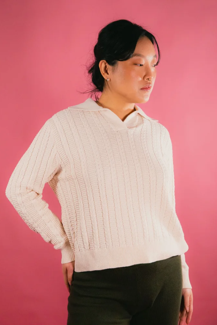 Cable Knit Long Sleeve Polo in Ivory White