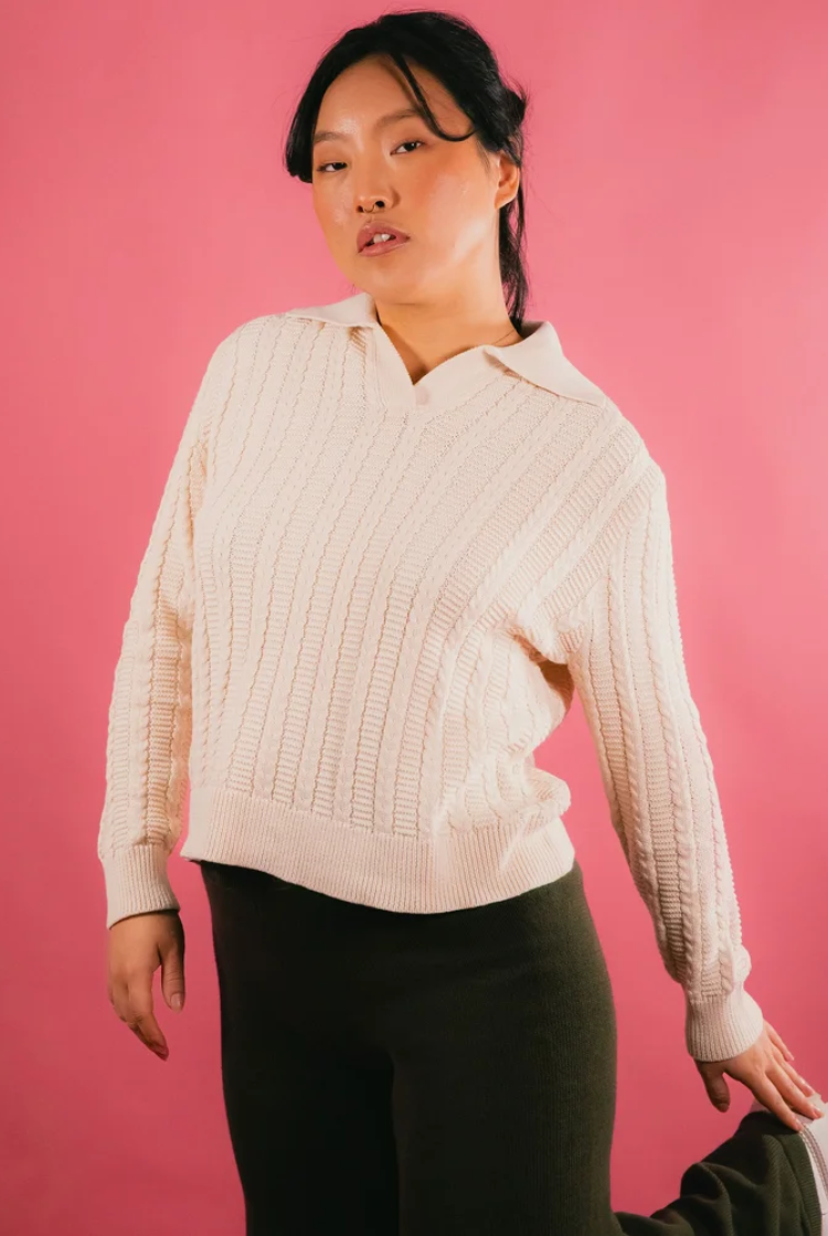 Cable Knit Long Sleeve Polo in Ivory White
