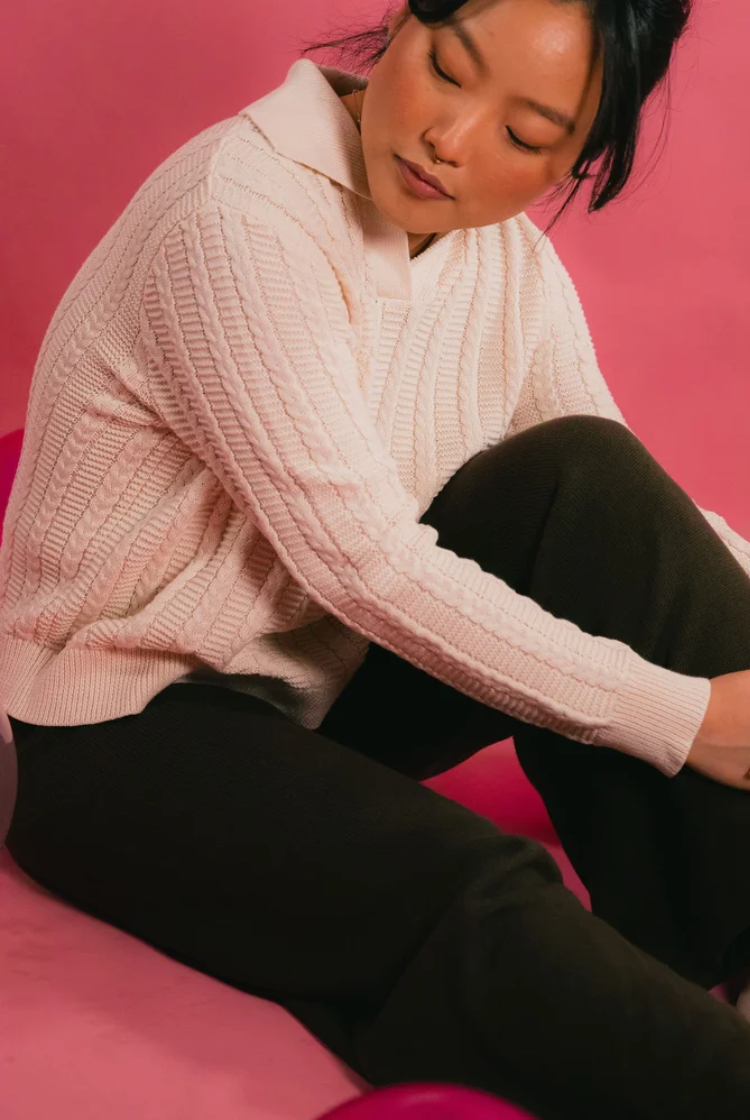 Cable Knit Long Sleeve Polo in Ivory White