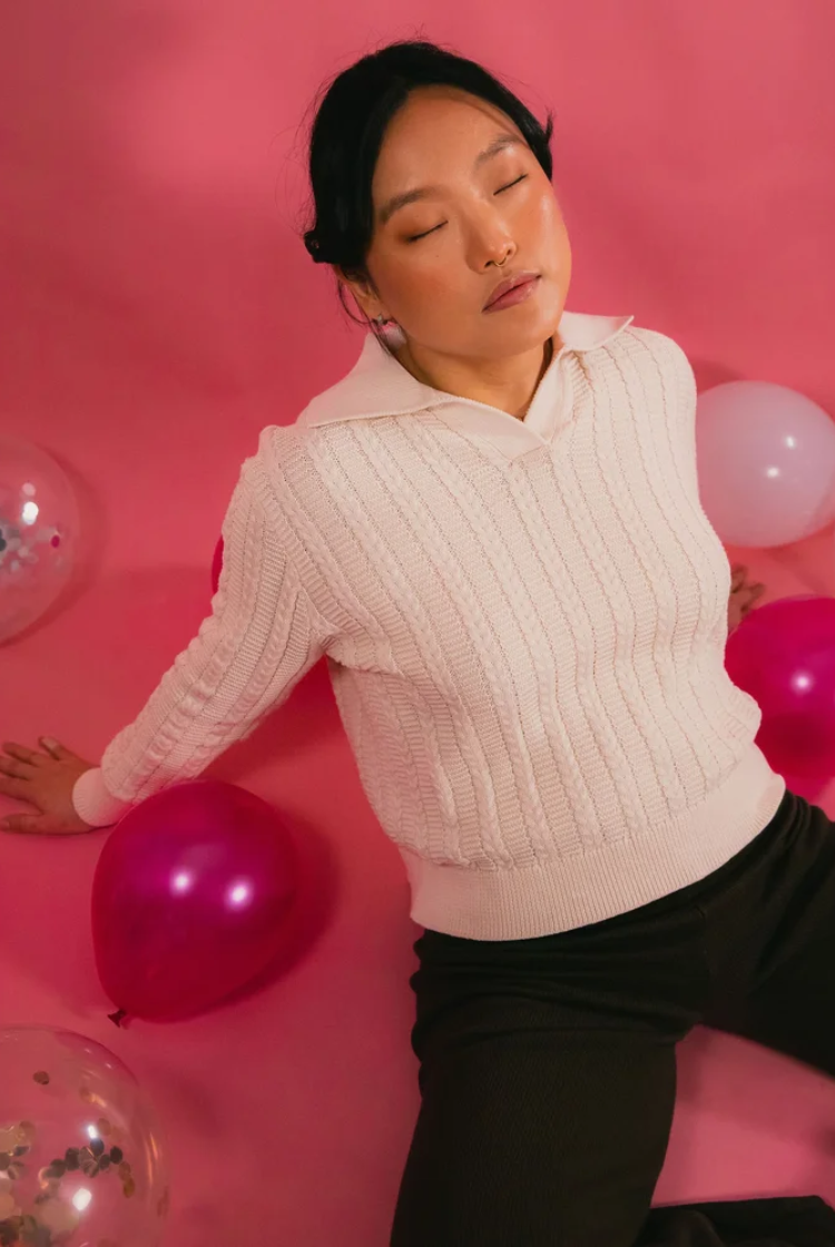 Cable Knit Long Sleeve Polo in Ivory White