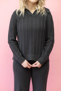 Cable Knit Long Sleeve Polo In Charcoal Grey