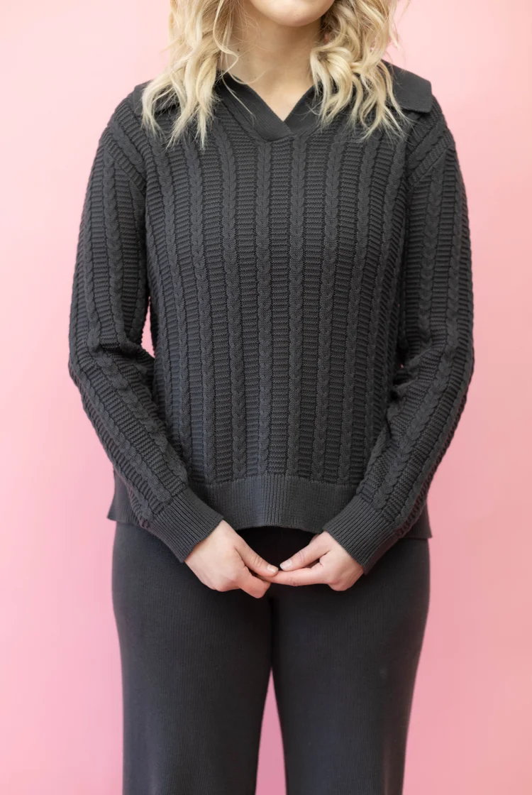 Cable Knit Long Sleeve Polo In Charcoal Grey