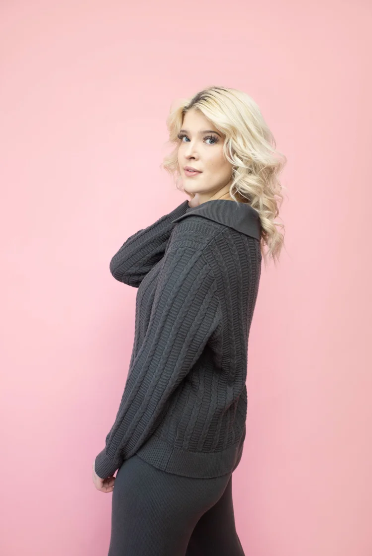 Cable Knit Long Sleeve Polo In Charcoal Grey