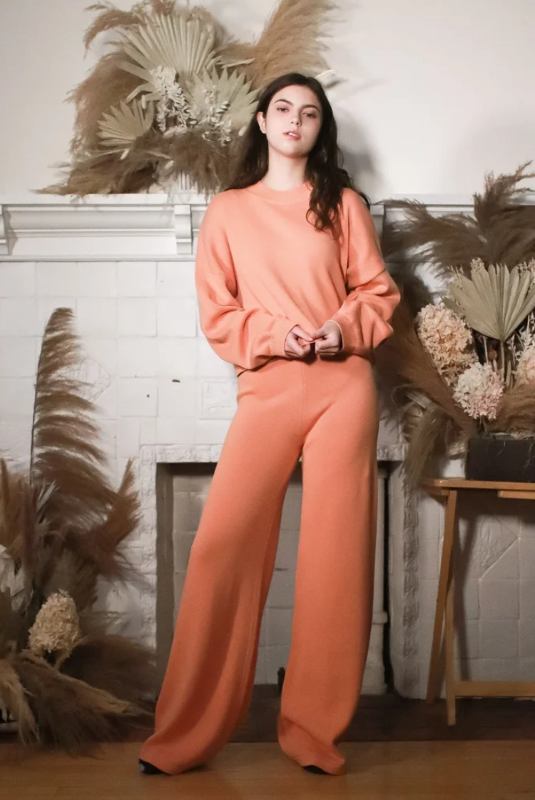 Farah Wide Leg Knit Pants In Coral