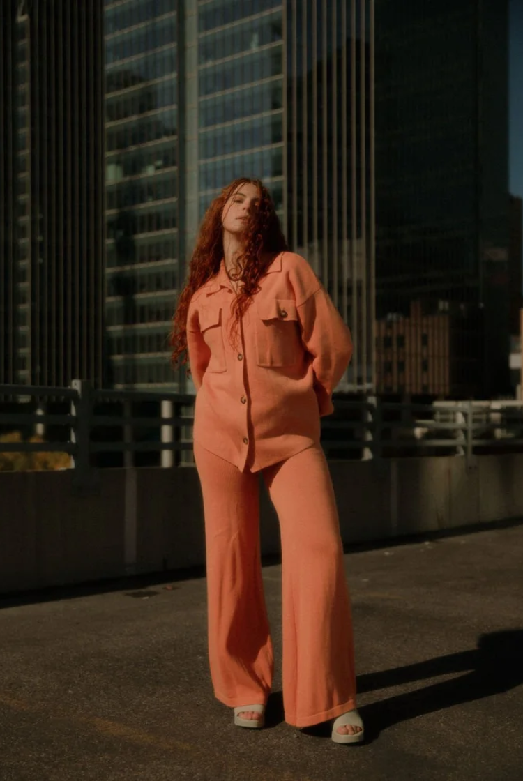 Farah Wide Leg Knit Pants In Coral
