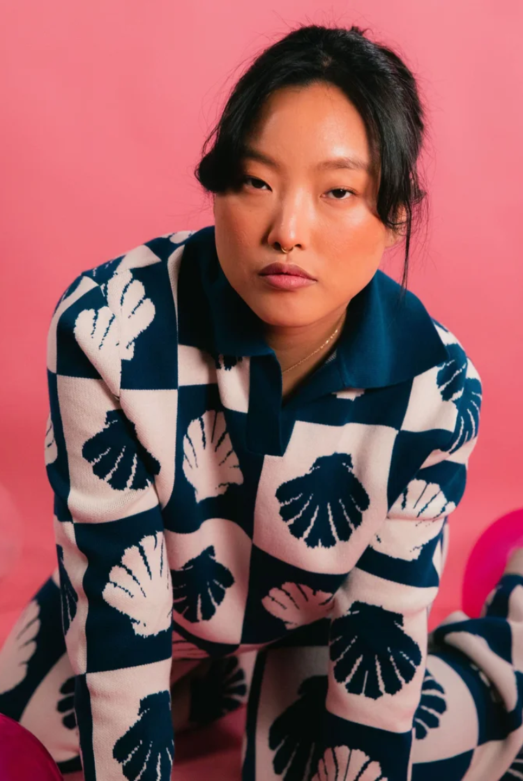 Long Sleeve Knit Polo In Blue Shell Print
